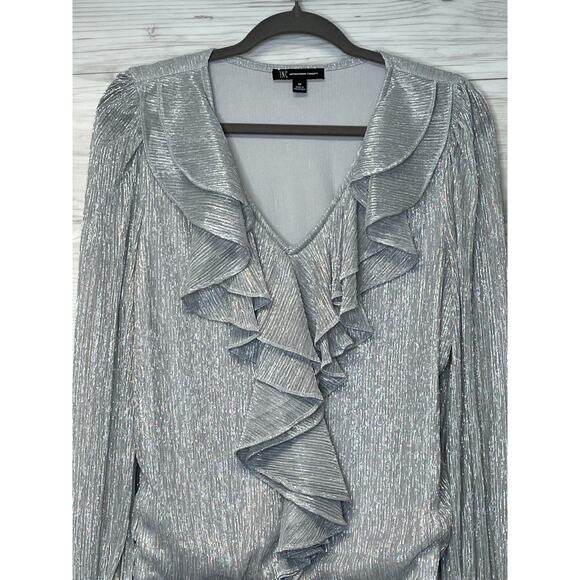 INC International Concepts Blouse Medium Womens Silver Ruffle Long Sleeve N Neck - Picture 2 of 8